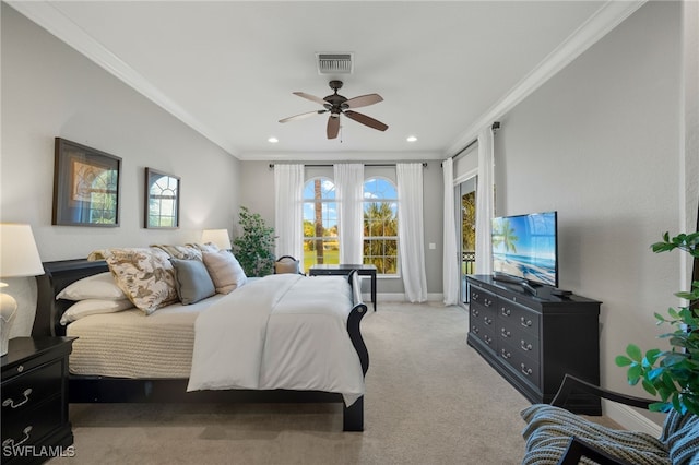 bedroom with access to exterior, light colored carpet, ornamental molding, and ceiling fan