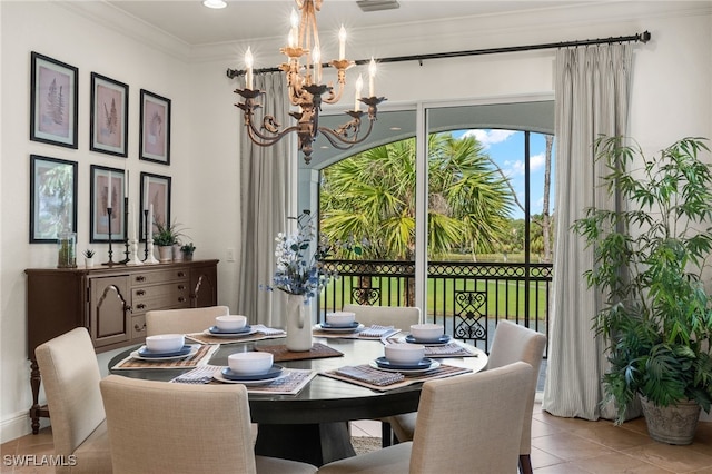 tiled dining space featuring crown molding and a notable chandelier