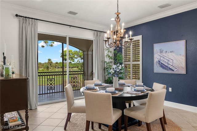 dining space featuring ornamental molding, light tile patterned floors, and a chandelier