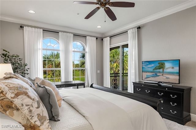 carpeted bedroom with access to exterior, crown molding, and ceiling fan