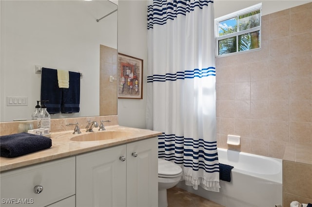 full bathroom with shower / tub combo, vanity, and toilet