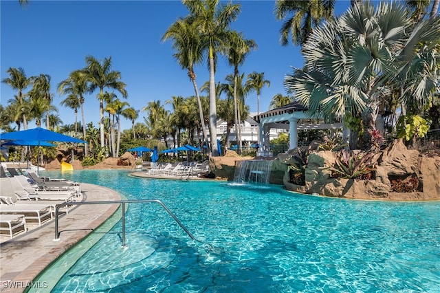 view of swimming pool featuring pool water feature