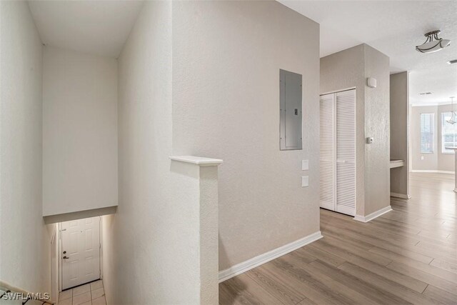 corridor featuring light wood-type flooring and electric panel