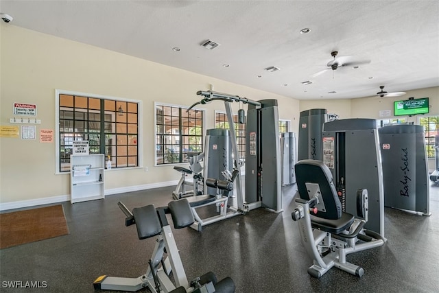 workout area featuring a textured ceiling and ceiling fan