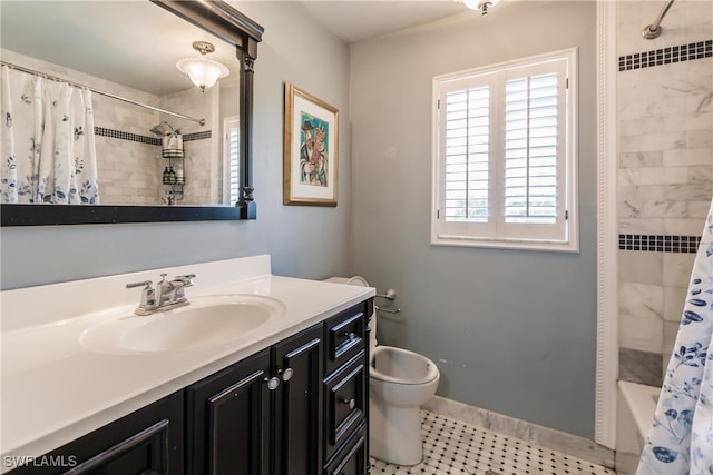 bathroom with vanity, tile patterned floors, and shower / tub combo with curtain