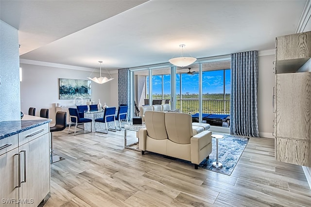 living room featuring a wall of windows, ornamental molding, and light hardwood / wood-style flooring