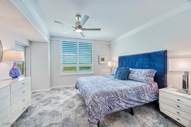 bedroom featuring ceiling fan, carpet flooring, and ornamental molding