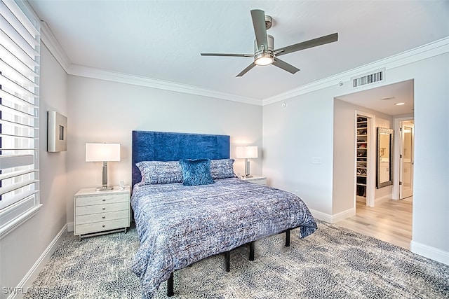 bedroom with a closet, a spacious closet, ornamental molding, hardwood / wood-style floors, and ceiling fan