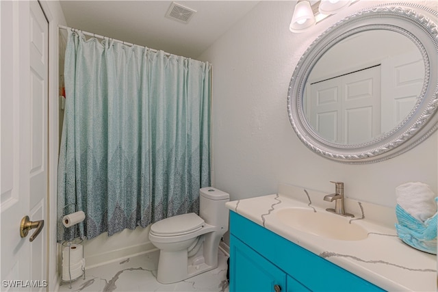 19914 Lake Vista Cir N Unit 2, Lehigh Acres, FL 33936 - bathroom with vanity, toilet, marble look tile flooring, and a shower with curtain