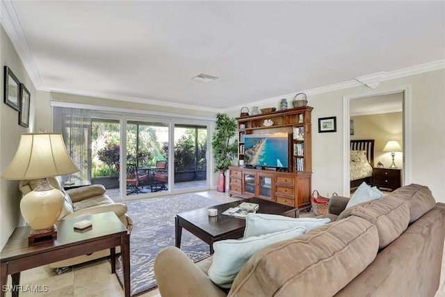 living room featuring crown molding