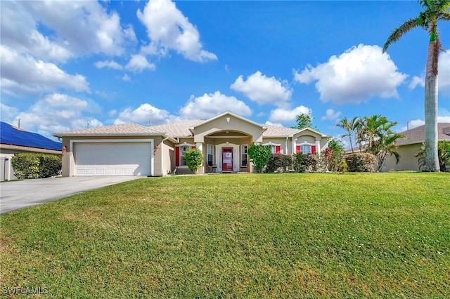 ranch-style house with a garage and a front lawn