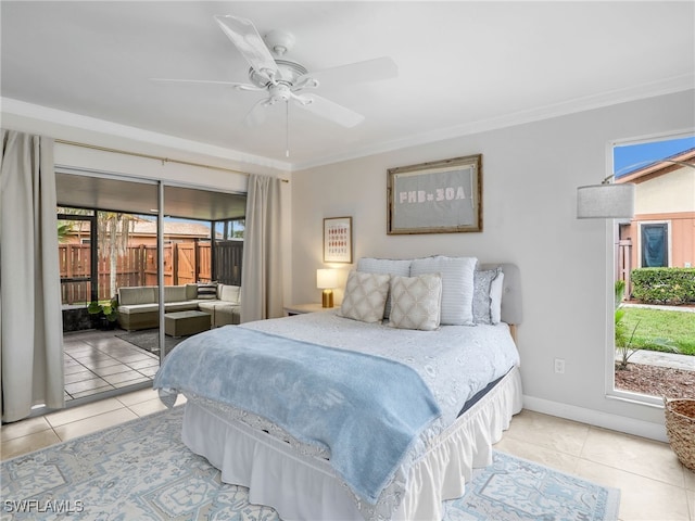 bedroom featuring ceiling fan and tile patterned flooring