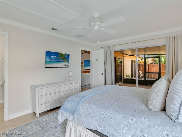 tiled bedroom featuring access to exterior and ceiling fan