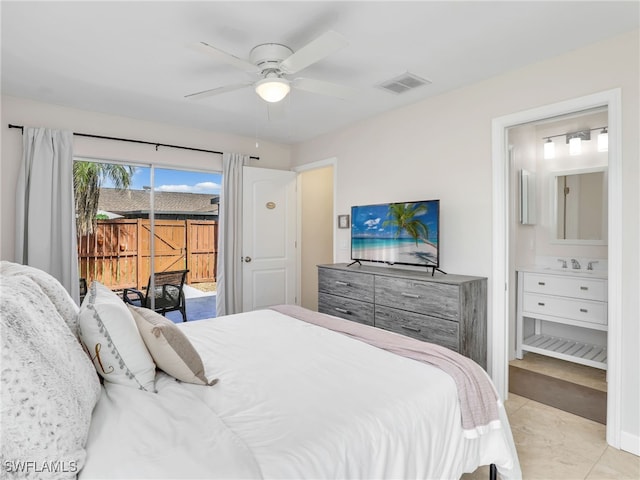 tiled bedroom featuring access to exterior and ceiling fan