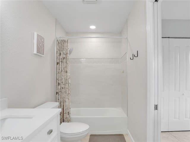 full bathroom with tile patterned floors, vanity, shower / bath combo, and toilet