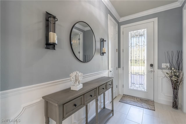 doorway with light tile patterned flooring and crown molding