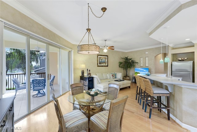 dining room with ceiling fan, crown molding, and light wood-type flooring