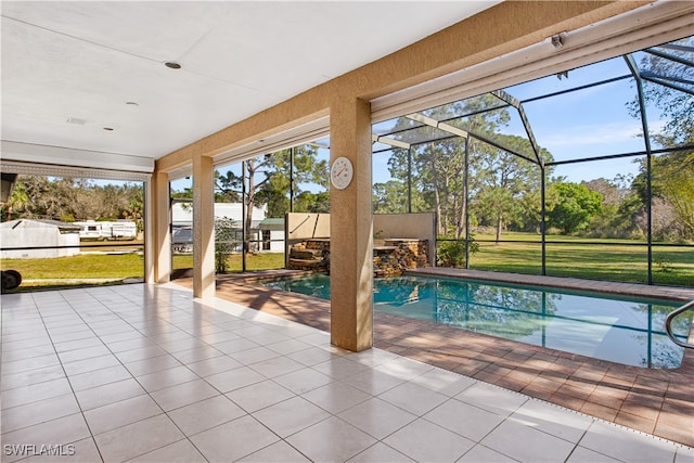 view of swimming pool with a lawn, glass enclosure, and a patio area