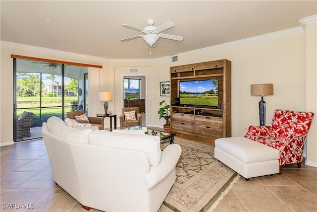 tiled living room with crown molding and ceiling fan