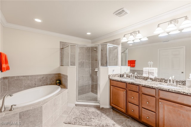 bathroom with tile patterned flooring, vanity, plus walk in shower, and crown molding