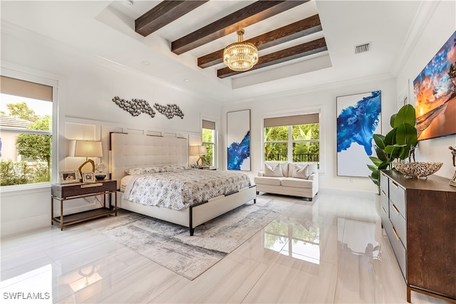 bedroom with beamed ceiling, an inviting chandelier, and ornamental molding