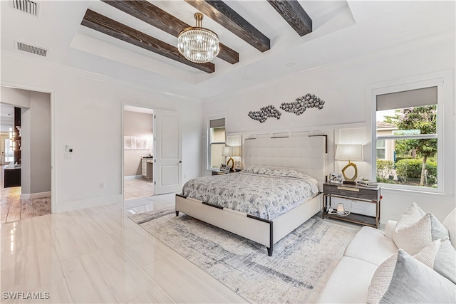 tiled bedroom with beamed ceiling, ensuite bathroom, and a notable chandelier