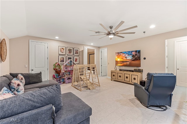 living room featuring ceiling fan and light carpet