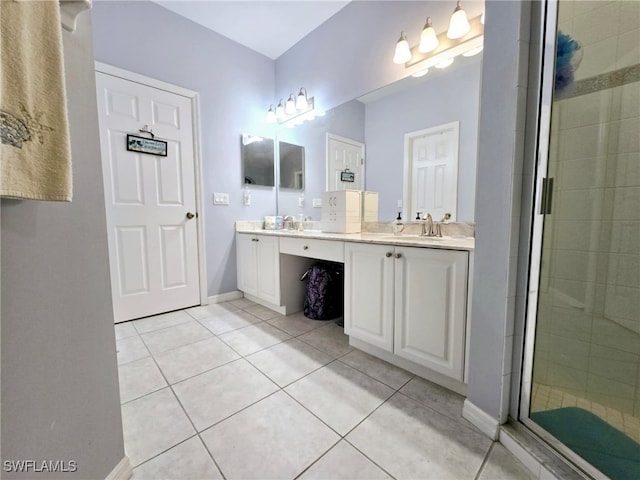 bathroom with tile patterned flooring, vanity, and a shower with shower door