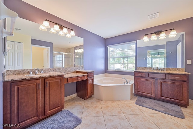 bathroom featuring tile patterned flooring, vanity, ceiling fan, and plus walk in shower