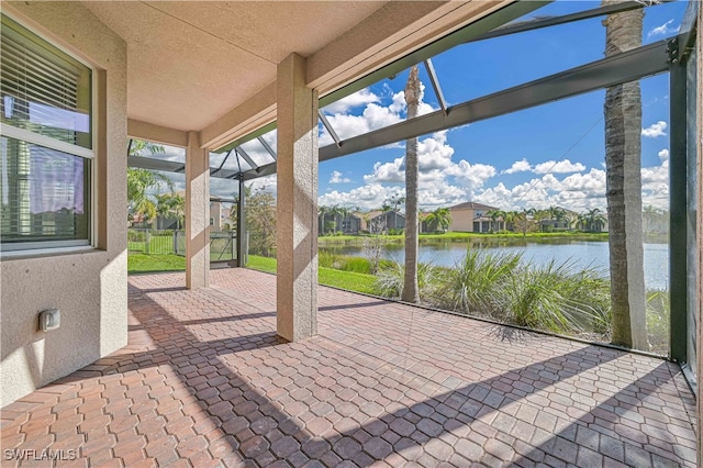 view of patio / terrace with a water view