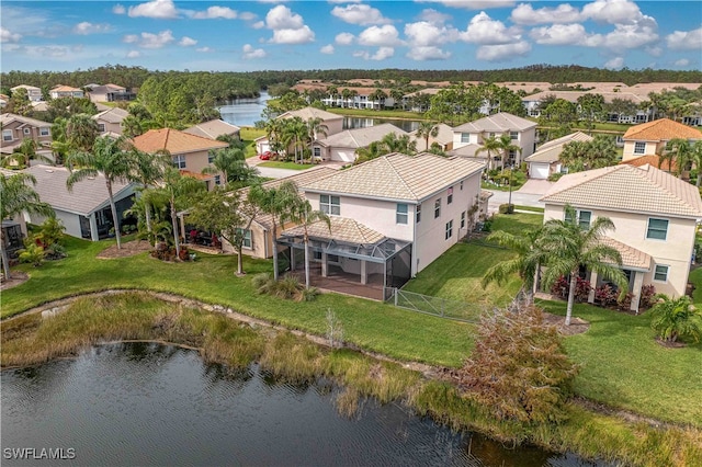 drone / aerial view featuring a water view