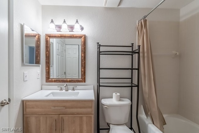 full bathroom featuring toilet, vanity, and shower / tub combo with curtain