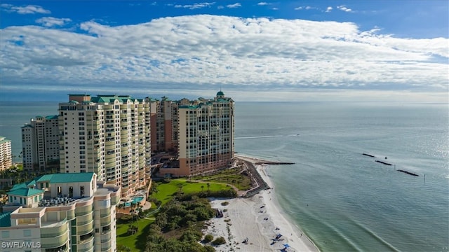 aerial view featuring a beach view and a water view