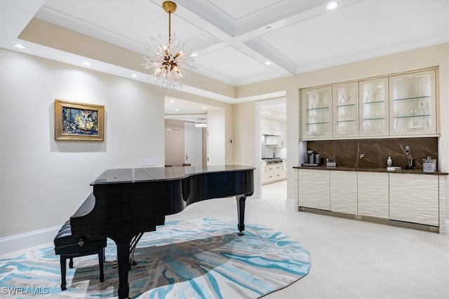 miscellaneous room with beam ceiling, a notable chandelier, and coffered ceiling