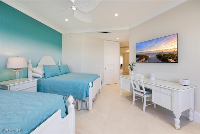 bedroom featuring ceiling fan and crown molding