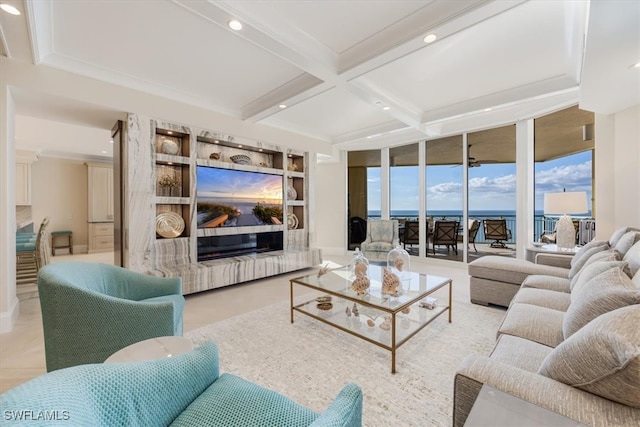 tiled living room with expansive windows, beamed ceiling, a healthy amount of sunlight, and coffered ceiling