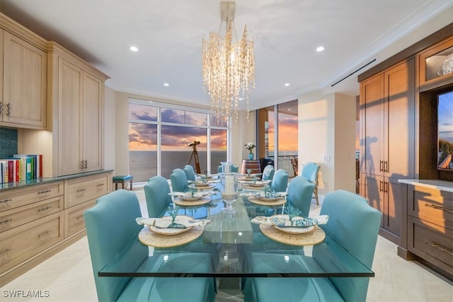 tiled dining space with ornamental molding and a notable chandelier