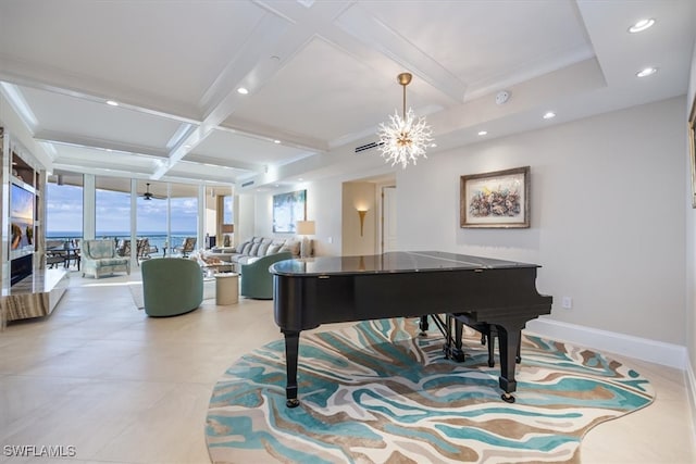 miscellaneous room featuring ornamental molding, coffered ceiling, a water view, beamed ceiling, and a chandelier