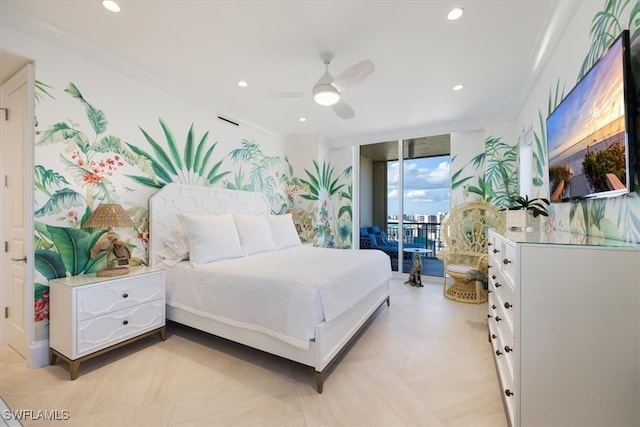 bedroom with access to exterior, ceiling fan, crown molding, and floor to ceiling windows