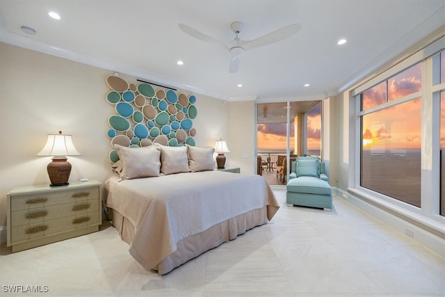 bedroom with ceiling fan and ornamental molding