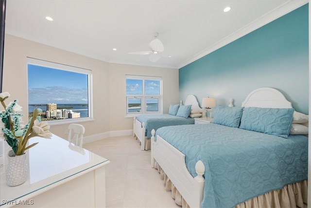 bedroom with ceiling fan and crown molding