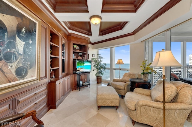 living room with beam ceiling, built in shelves, ornamental molding, and coffered ceiling