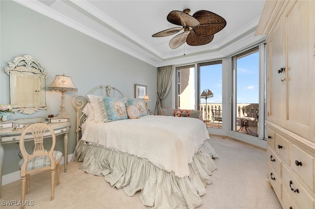 carpeted bedroom featuring access to exterior, ceiling fan, and crown molding