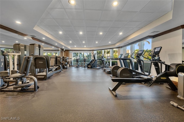 exercise room with a healthy amount of sunlight and ornamental molding