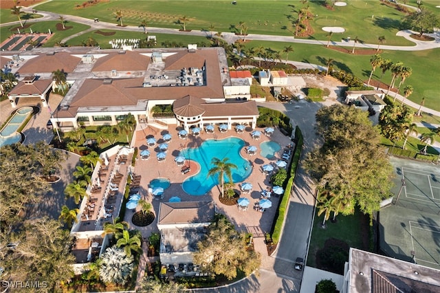 bird's eye view featuring view of golf course and a residential view