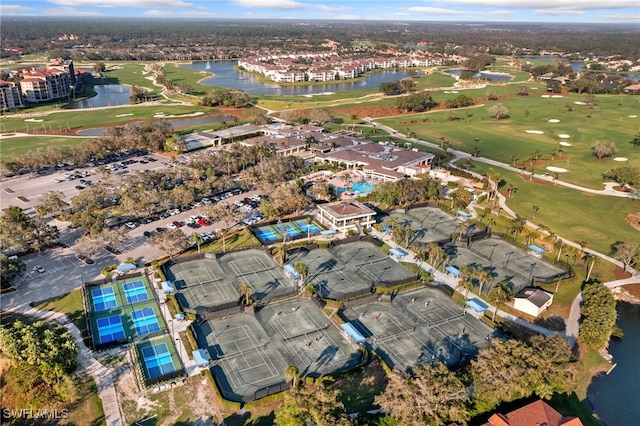 bird's eye view with golf course view and a water view