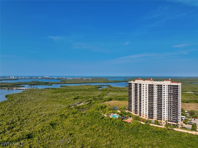 bird's eye view with a water view