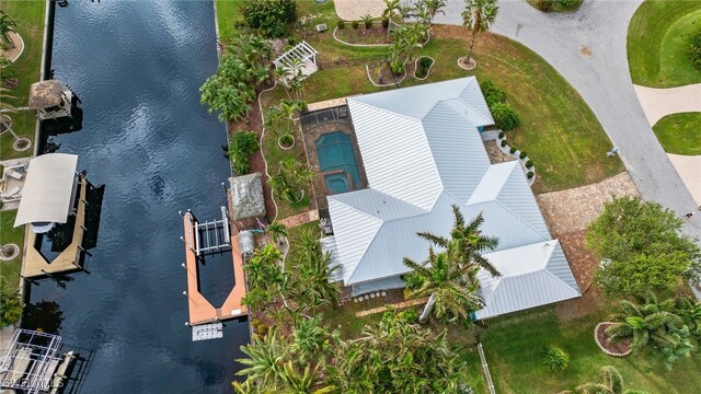 drone / aerial view featuring a water view