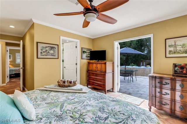 tiled bedroom with access to outside, ceiling fan, and crown molding