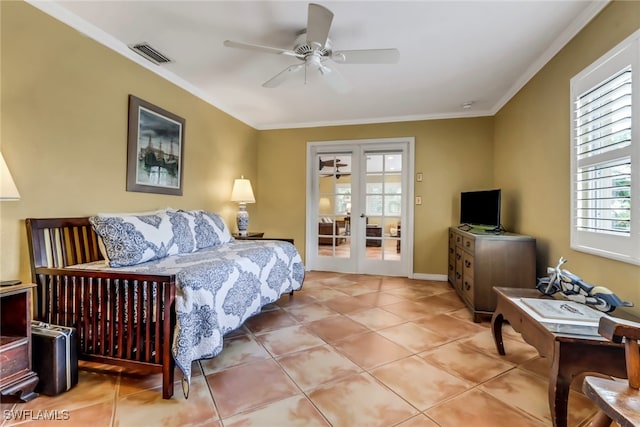 bedroom featuring ceiling fan, french doors, light tile patterned flooring, and ornamental molding